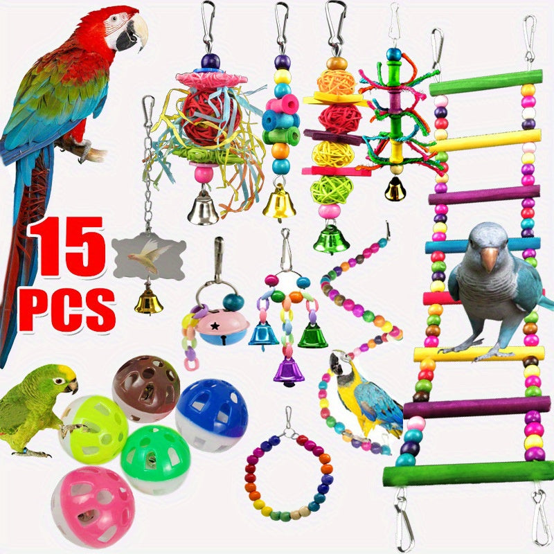 15pcs Parakeet Bird Toys - Stimulate Your Parrot's Mind with Fun Interactive Toys!