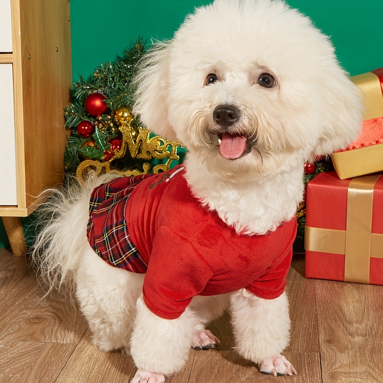 Christmas Santa Print Dog Dress with Plaid Skirt - Polyester Knit Pullover Pet Apparel for Small to Medium Breeds - Machine Washable All-Season Costume