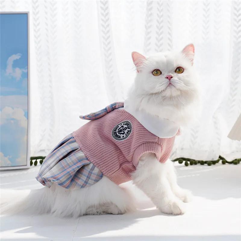 Small Breeds Polyester All-Season Dog Dress, Chic College Style Pet Apparel with Plaid Skirt and Collar, Pullover Design, Ideal for Spring, Cat & Chihuahua, Available in Pink, Blue, Green