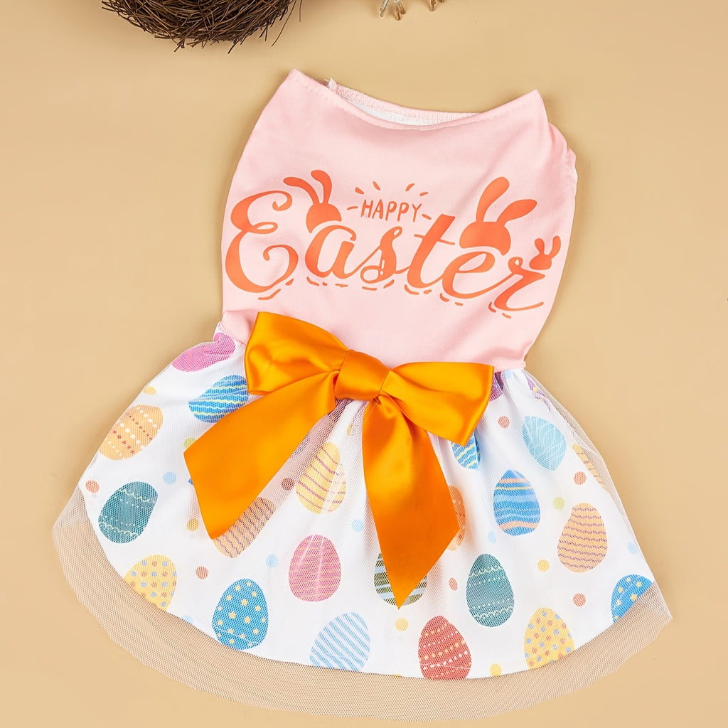 Easter Egg Dog Dress with Bowknot - Tulle Pet Apparel for Small to Medium Dogs, Knitted Polyester Puppy Costume for Spring/Summer