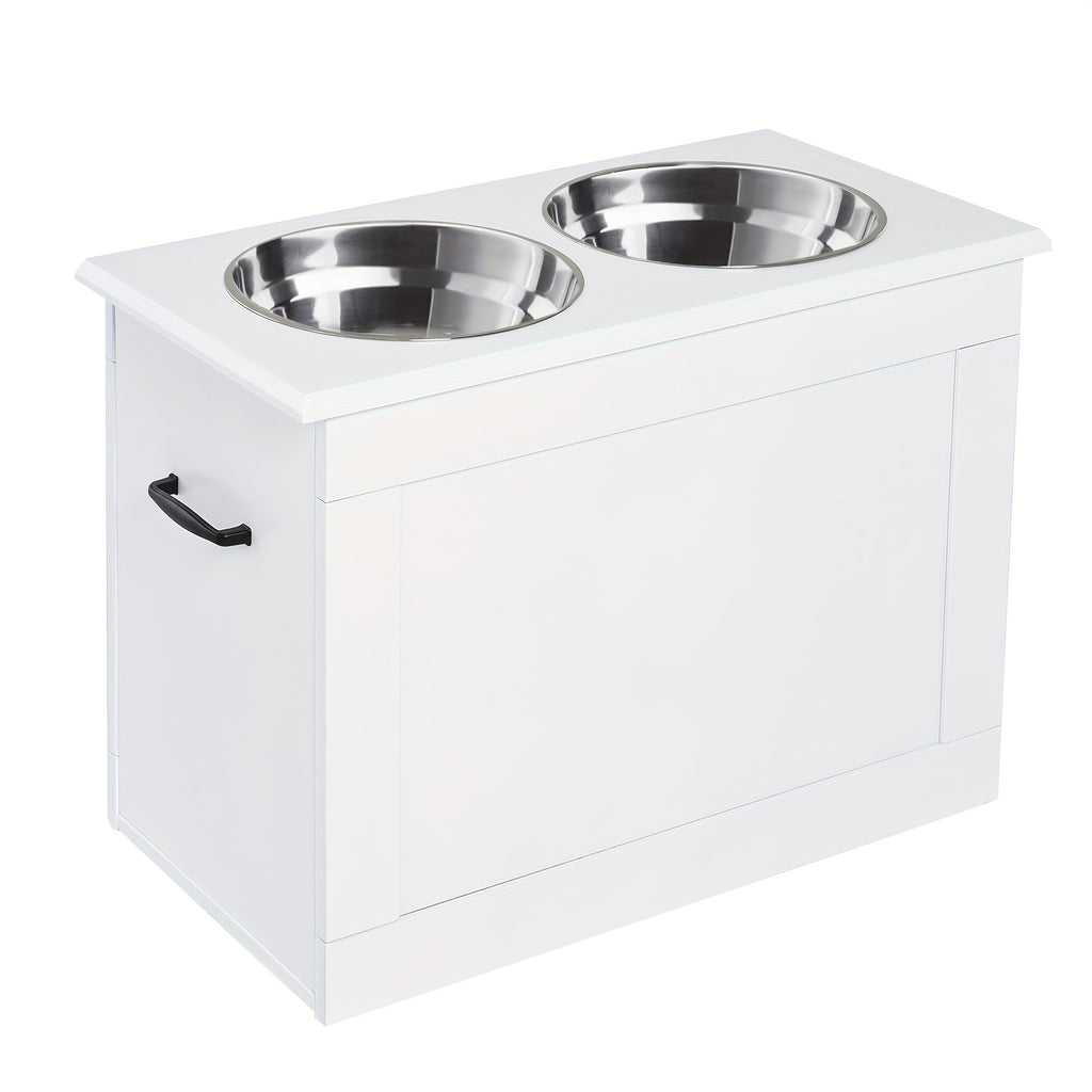PawHut Raised Pet Feeding Storage Station With 2 Stainless Steel Bowls Base For Large Dogs And Other Large Pets, White