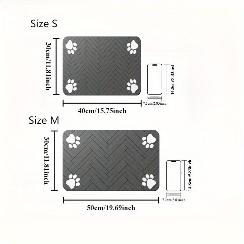 [1pc Fast-Drying Pet Feeding Mat] 1pc Fast-Drying Diatomaceous Earth Pet Feeding Mat | Splash-Proof, Absorbent, Easy to Clean for Dogs and Cats, Herringbone Pattern with Paw Print Design, Black, Washable