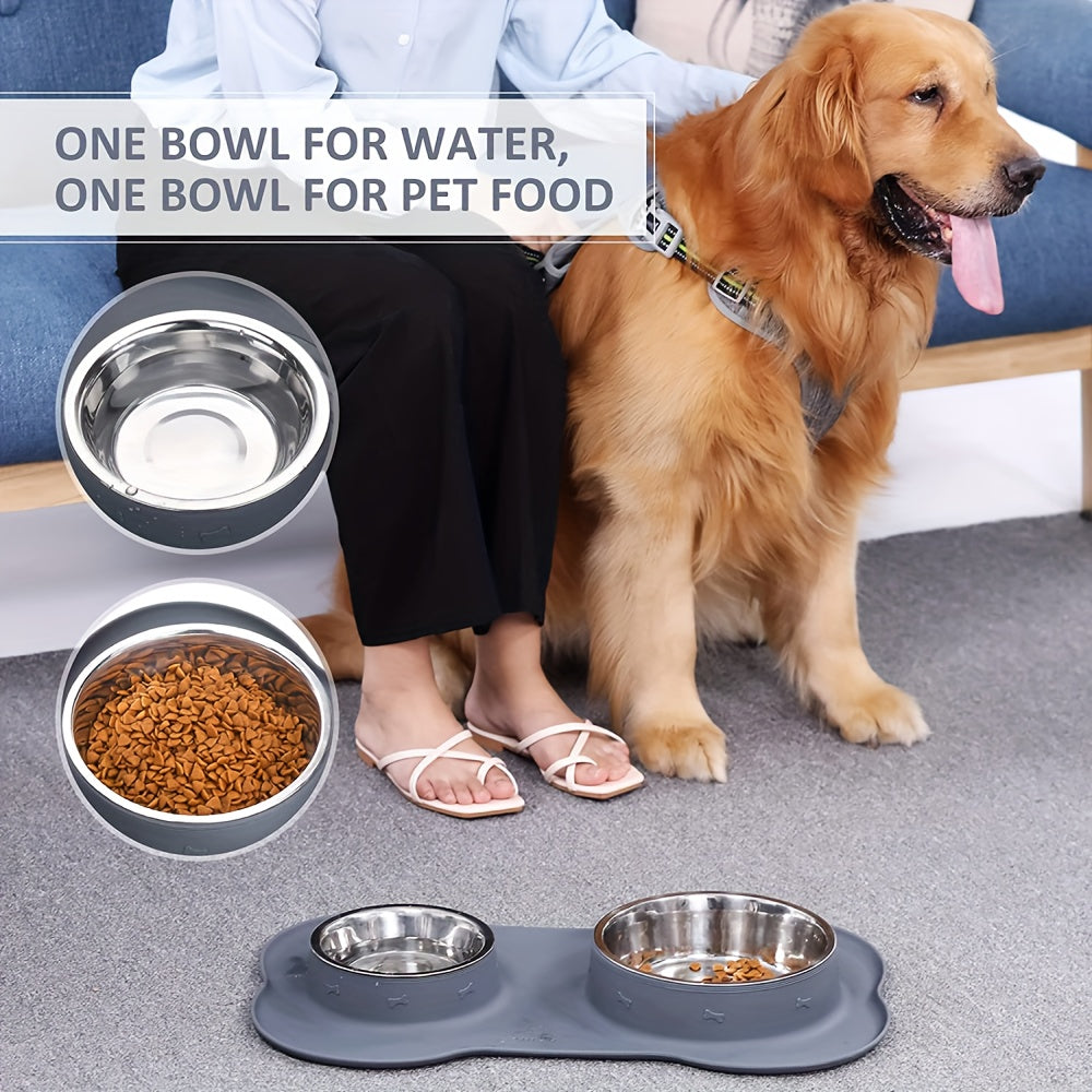 [2-in-1 Feeding Watering Station] 2-in-1 Dog Feeding & Watering Station, Thermoplastic Rubber Pet Bowl Mat with Stainless Steel Dual Bowls, Anti-Spill Pet Feeder, Includes Bowl Holder, Ideal for All Dog Breeds