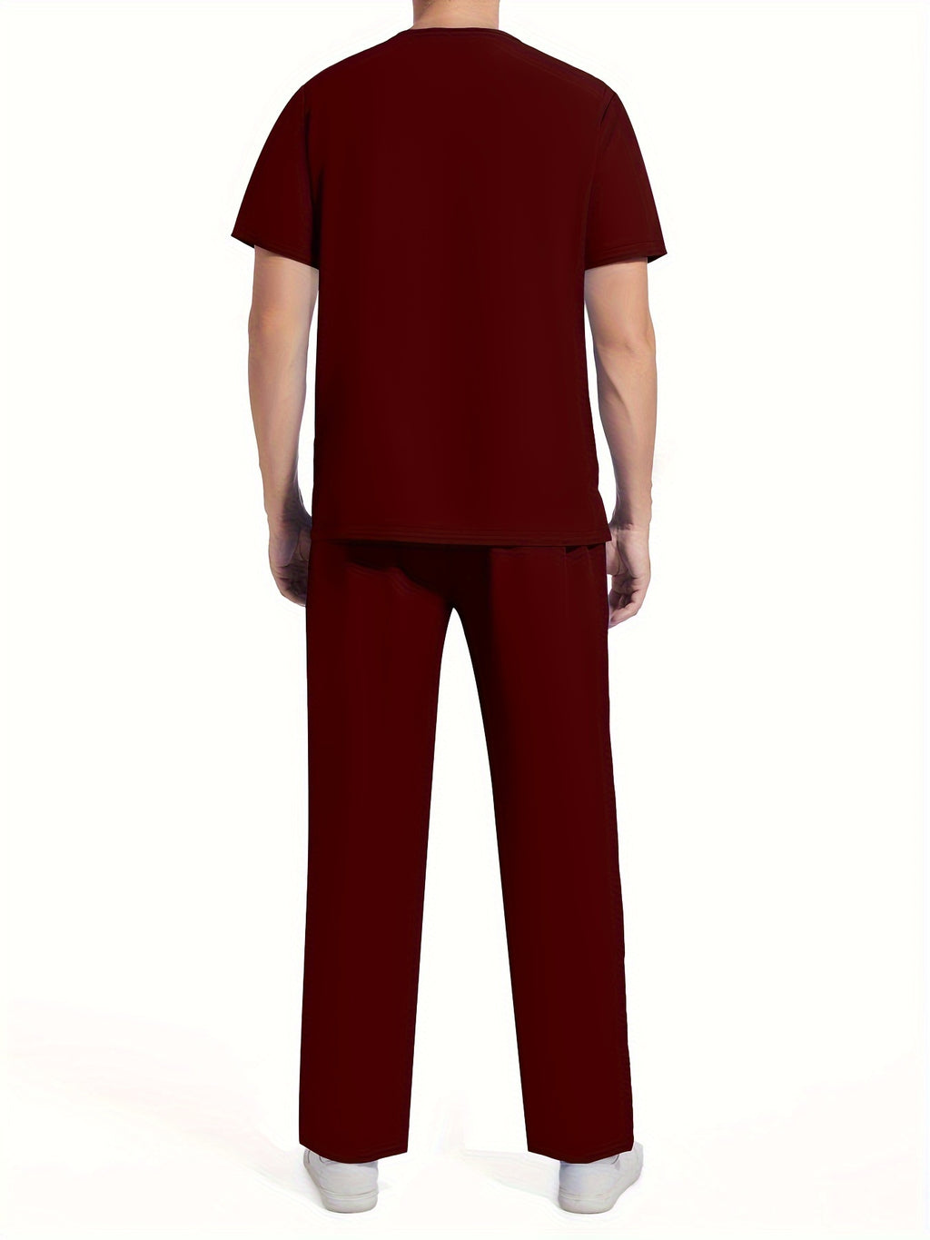Men's Short Sleeve Summer Work Wear Set, Lab Coat, Pet Grooming Uniform, Breathable V-neck Top With Pockets And Long Pants Outfit