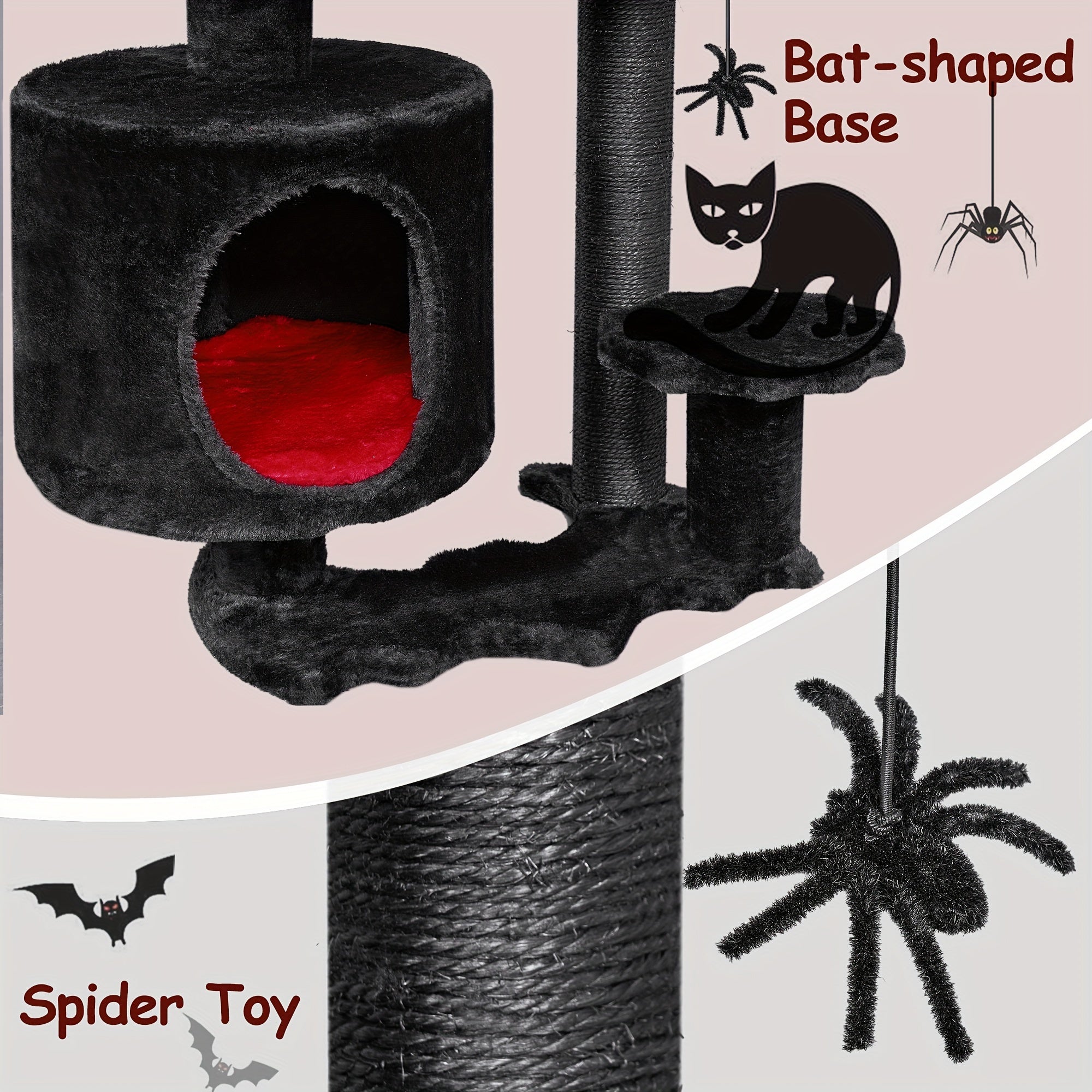 BEWISHOME Gothic Cat Tower With Coffin Bed, Multi-Level Goth Cat Tree Cat Condo With Cat Scratching Post, Spider Hanging Ball Black Red Halloween Kitten Pet Furniture
