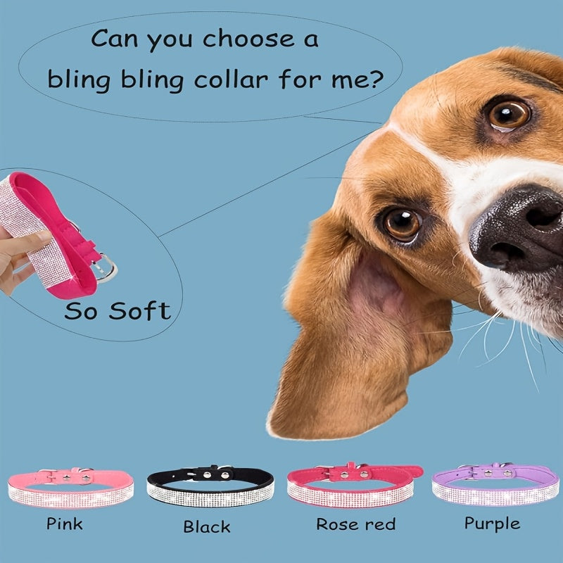 [Adjustable Bling Dog Collar Set] Bling Collar for Dogs, Durable Polyester Adjustable Pet Collar with Rhinestones and Matching Leash Set, Soft-Lined Neck Strap for Small to Large Dogs