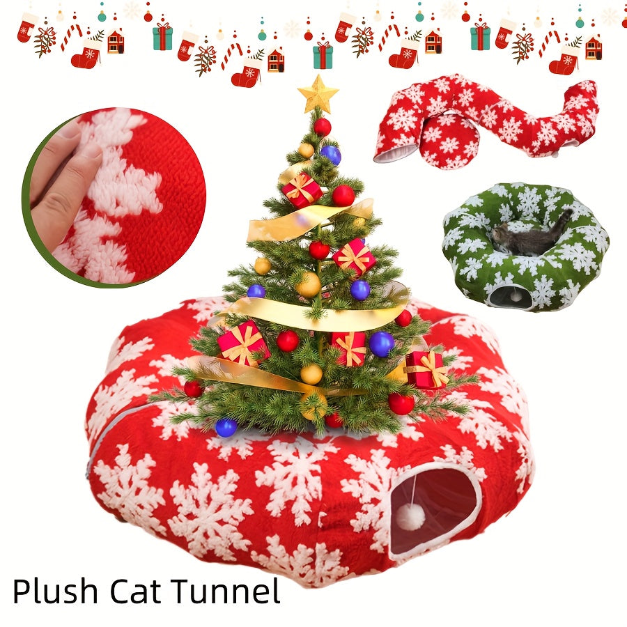 Christmas Cat Tunnel & Bed - Extra Large 37.01in Plush Warm Cozy Cat Bed with Expandable Donut, Snowflake Pattern, Holiday Theme, Anxiety Relief, Indoor Use, Red & Green, Cat Bed for Indoor Cats, Festive Pet Furniture, Playfu