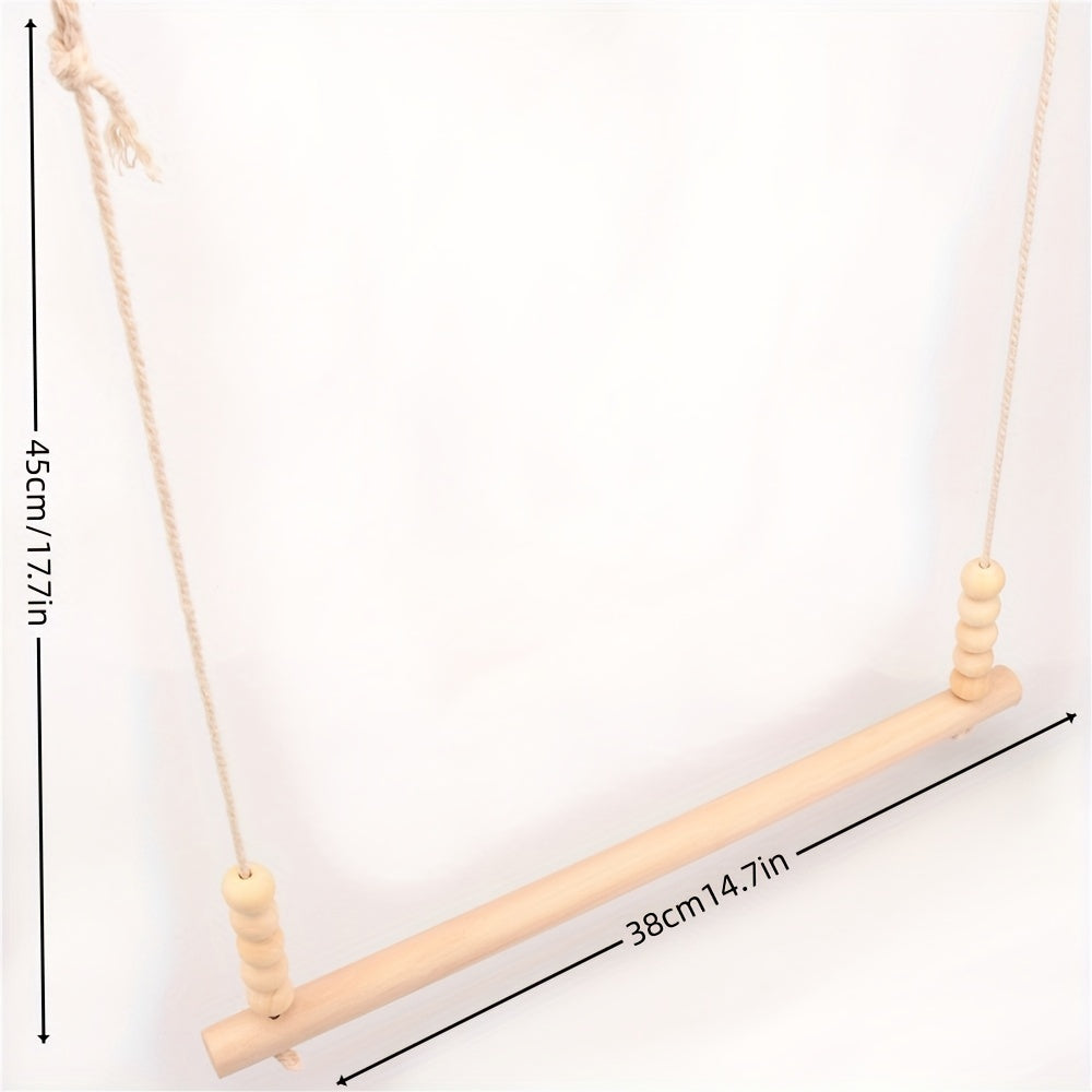 [1pc Natural Wood Bird Swing] 1pc Natural Wood Bird Swing Toy with Beads - Ideal for Parrots, Chickens & Roosters | Durable Suspension Bridge Perch for Pet Birds | Random Wood Texture & Color, Bird Toys