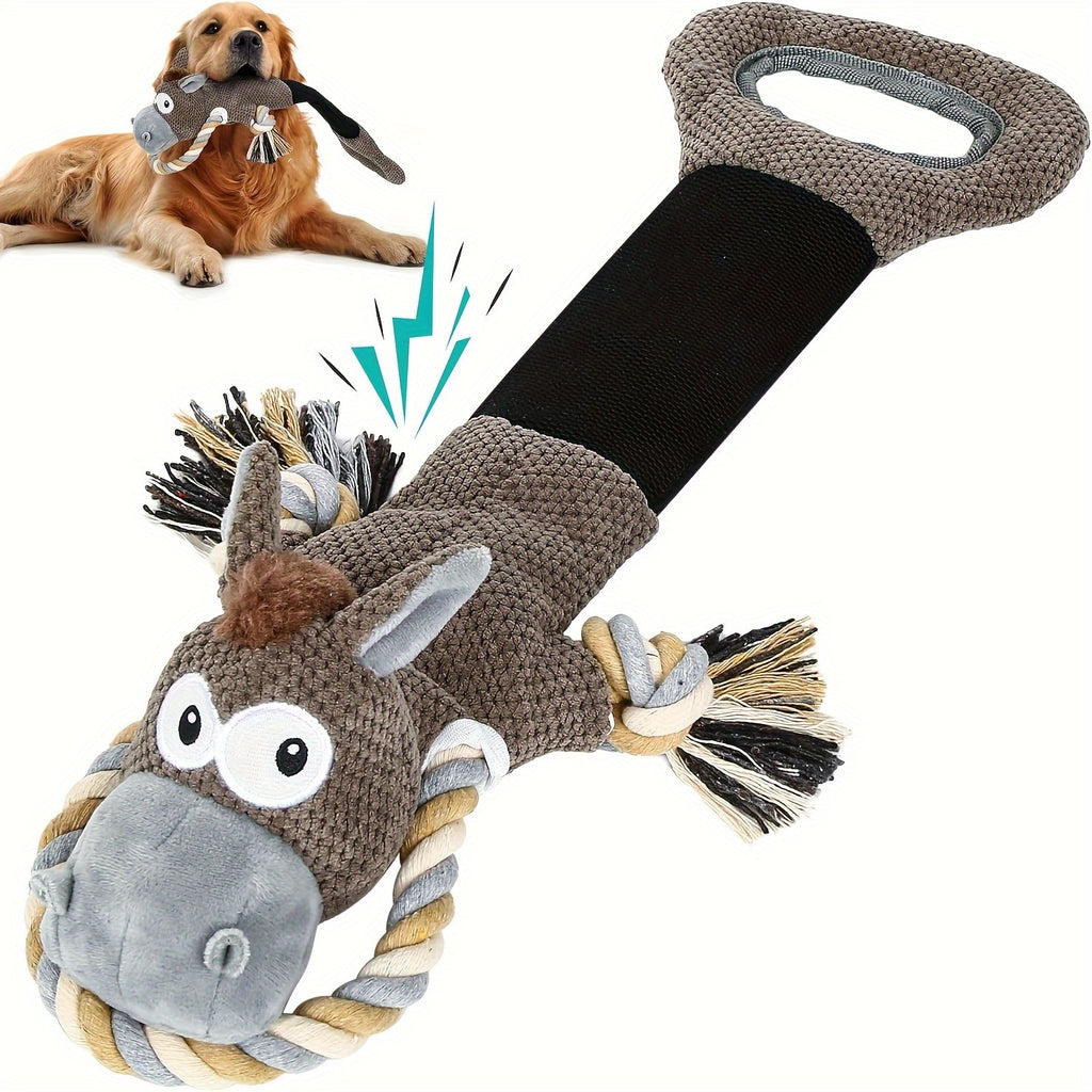 Plush Donkey Dog Toy with Double Handle and Stretchable Rope - Interactive Tug and Squeaky Pet Toy for Teeth Cleaning, Durable for Small, Medium, and Large Breeds, Without Battery