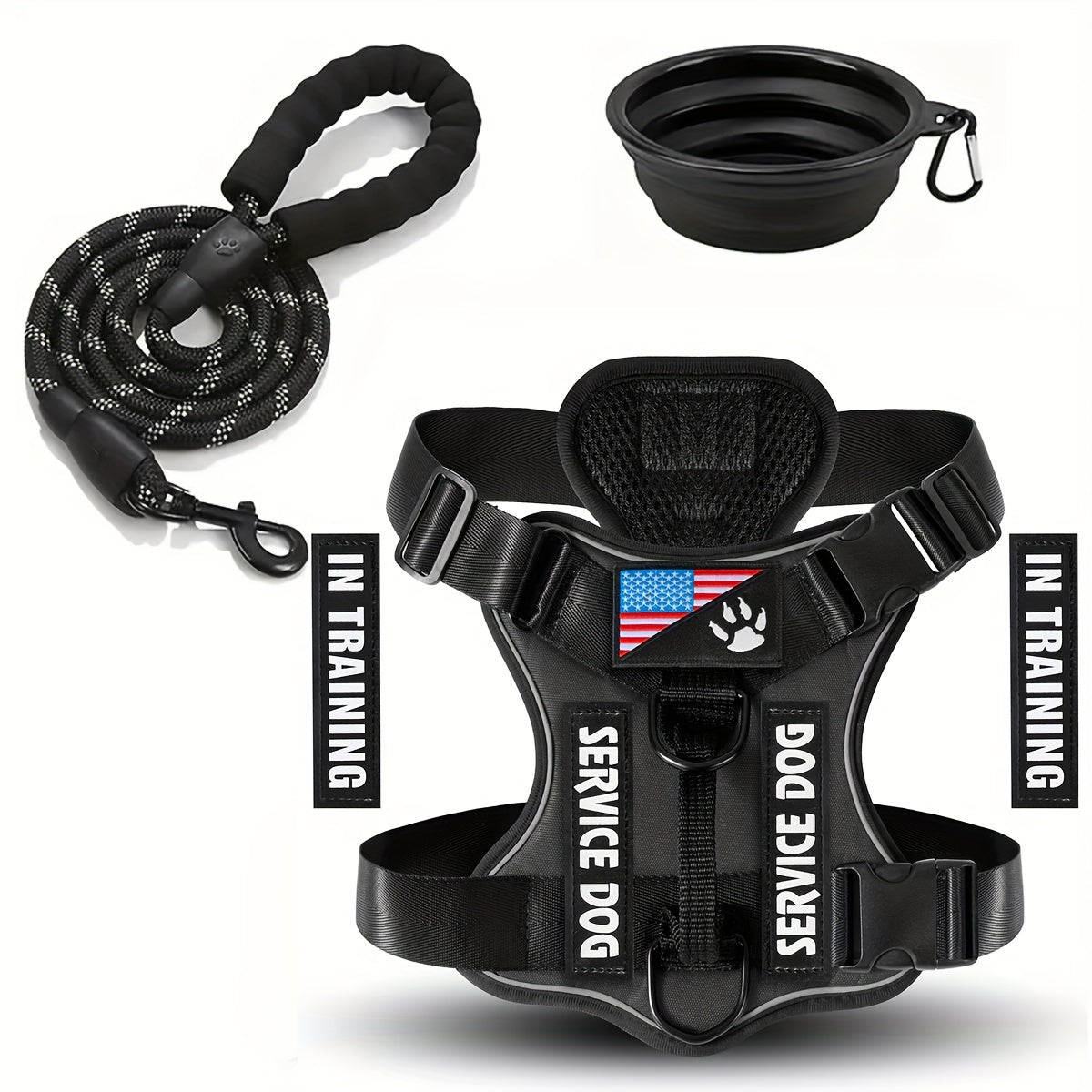 Service Dog Harness and Leash Set - Adjustable Soft Oxford Pet Harness with 1pc Folding Bowl, 5pcs Patches, Reflective Vest, Easy Control Traction Rope for Small Medium Large Dogs