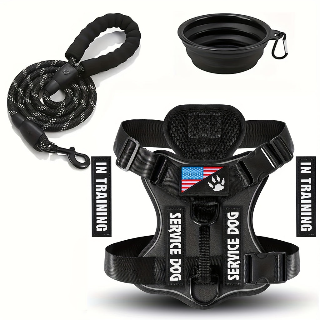Service Dog Harness and Leash Set - Adjustable Soft Oxford Pet Harness with 1pc Folding Bowl, 5pcs Patches, Reflective Vest, Easy Control Traction Rope for Small Medium Large Dogs