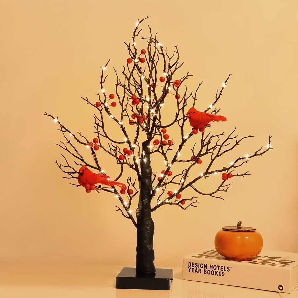 1 Elegant 21" LED-Lit Bonsai Tree with Red Birds & Black Artificial Birch - 60 Warm Yellow Lights, Perfect for Halloween, Thanksgiving, Christmas, Valentine's Decor - AA Battery Operated (Batteries Not Included)