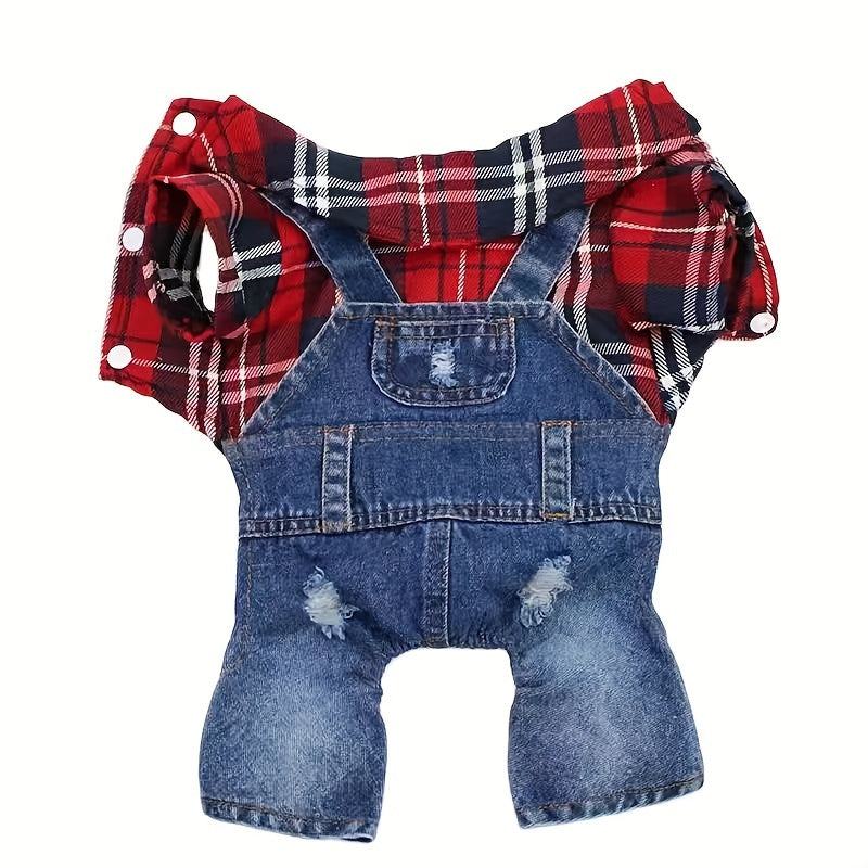 [Stylish Plaid Dog Jumpsuit] Cozy Plaid Denim Dog Jumpsuit - Stylish, Chic Button-Up Design for Small Breeds - Woven Fabric Pet Apparel