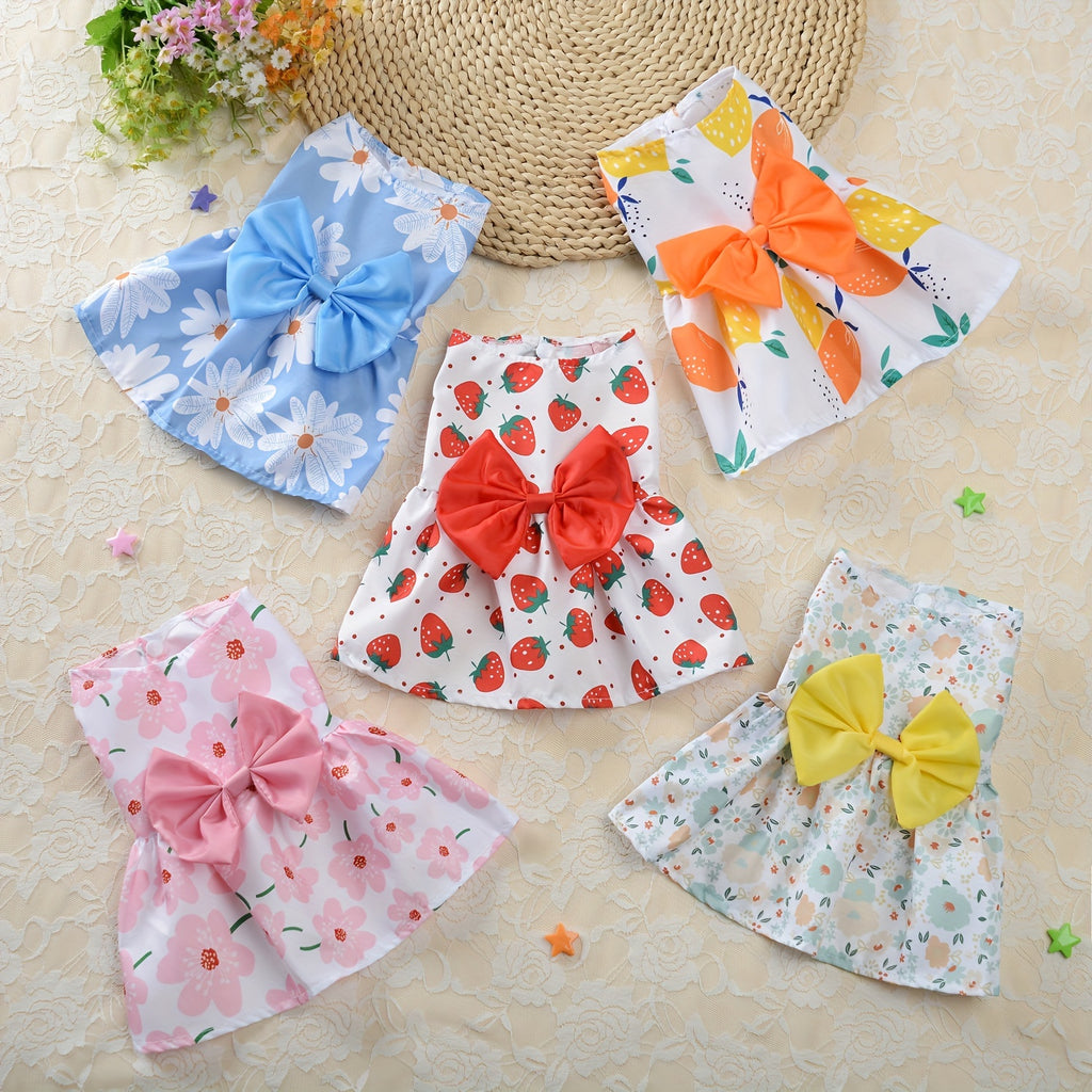 5pcs Floral Princess Dress Set for Small Dogs & Cats - Breathable Summer Pet Apparel with Bowknot, Ideal for Yorkies, Bulldogs, Bichons, Pomeranians, Chihuahuas, for Autumn, Spring
