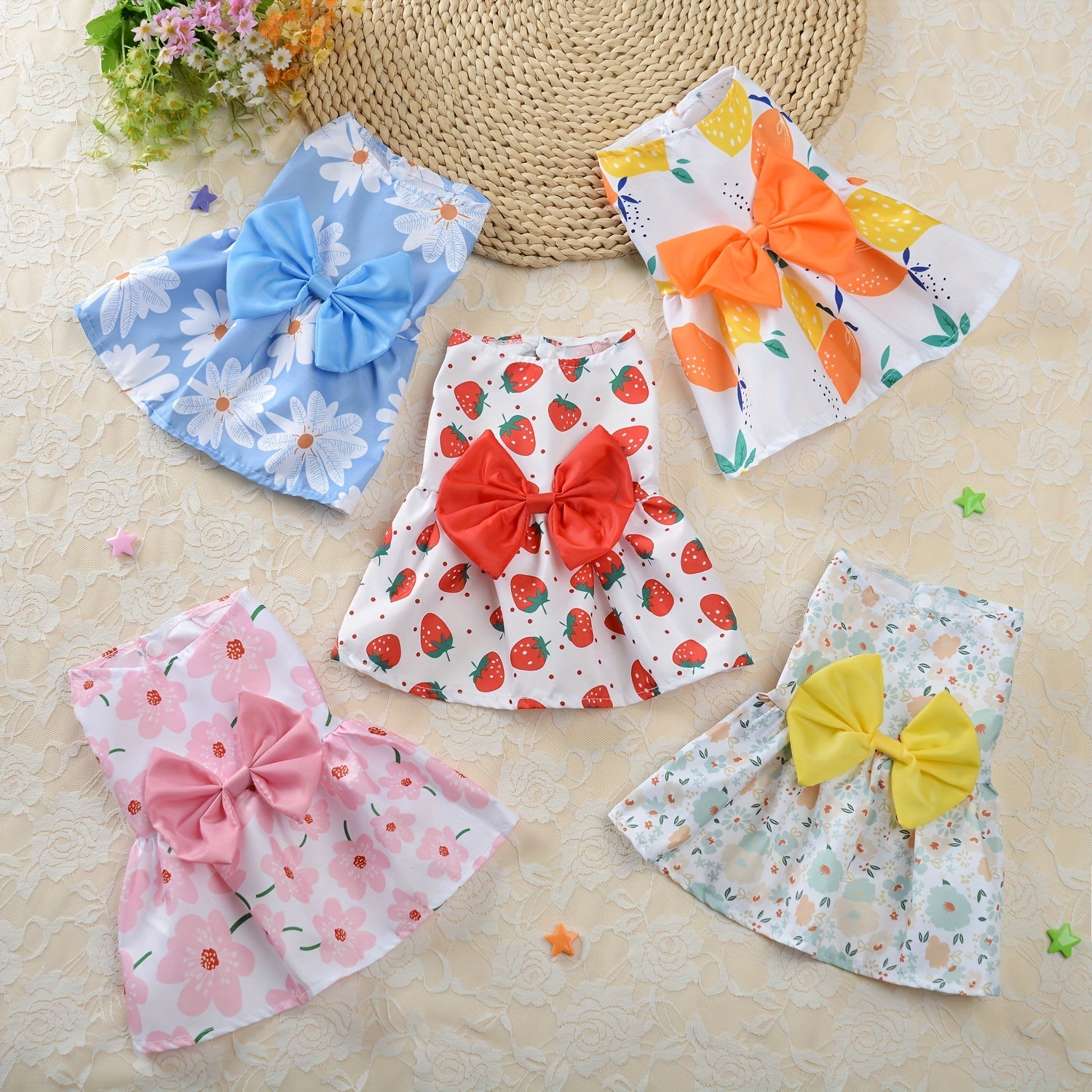 5pcs Floral Princess Dress Set for Small Dogs & Cats - Breathable Summer Pet Apparel with Bowknot, Ideal for Yorkies, Bulldogs, Bichons, Pomeranians, Chihuahuas, for Autumn, Spring