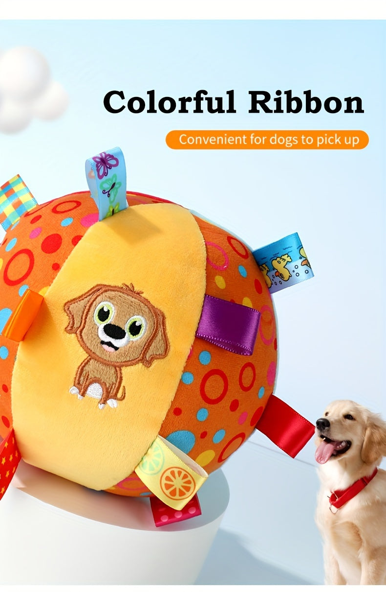 [1pc Durable Squeaky Ball Toy] 1pc Colorful Cartoon-Themed Plush Squeaky Ball Toy for Large Dogs - Durable Chew & Teeth Cleaning Interactive Pet Toy with Ribbon Tail, No Batteries Required, Dog Toys