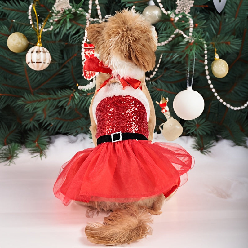 Chic Christmas Dog Dress - Festive Sequin Party Outfit for Small to Medium Breeds, Snap-On Polyester Pet Apparel - Perfect for Holiday Parties & Photoshoots - Gift for Dog Lovers