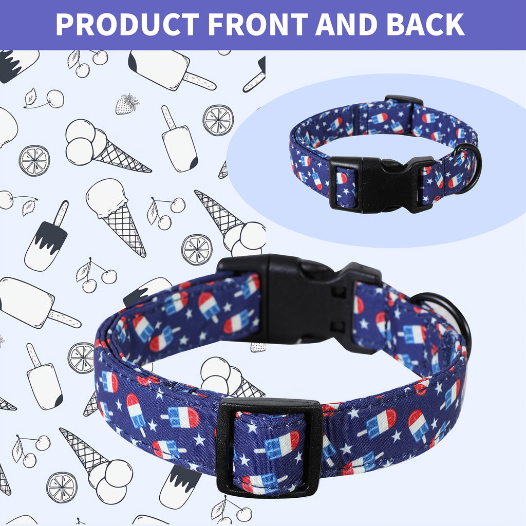 Patriotic American Flag Pet Collar with Ice Cream Design - Durable Polyester Dog Collar with Adjustable Strap and Secure Buckle, Fits Small to Large Dogs, Red, White, and Blue Star Motif