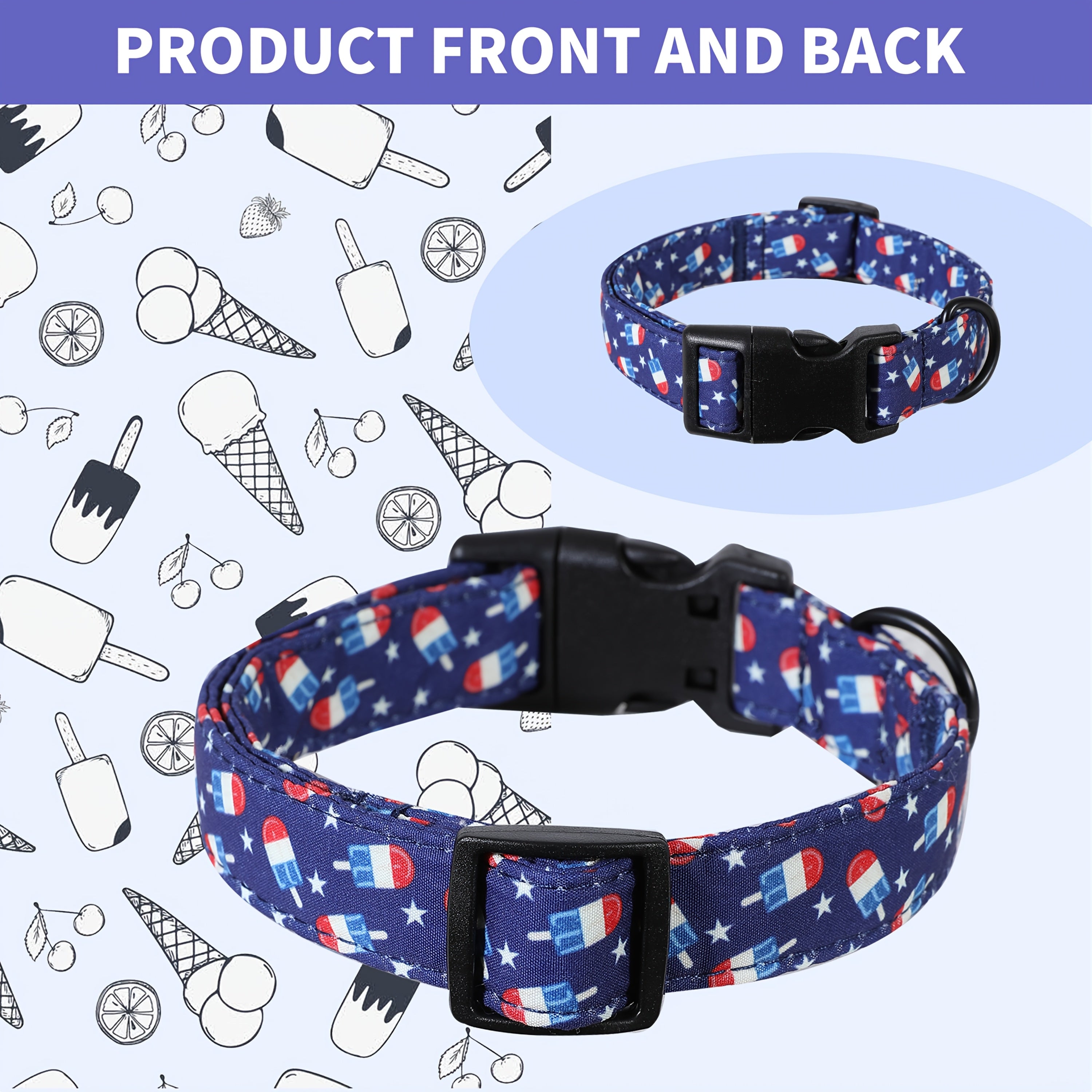 Patriotic American Flag Pet Collar with Ice Cream Design - Durable Polyester Dog Collar with Adjustable Strap and Secure Buckle, Fits Small to Large Dogs, Red, White, and Blue Star Motif