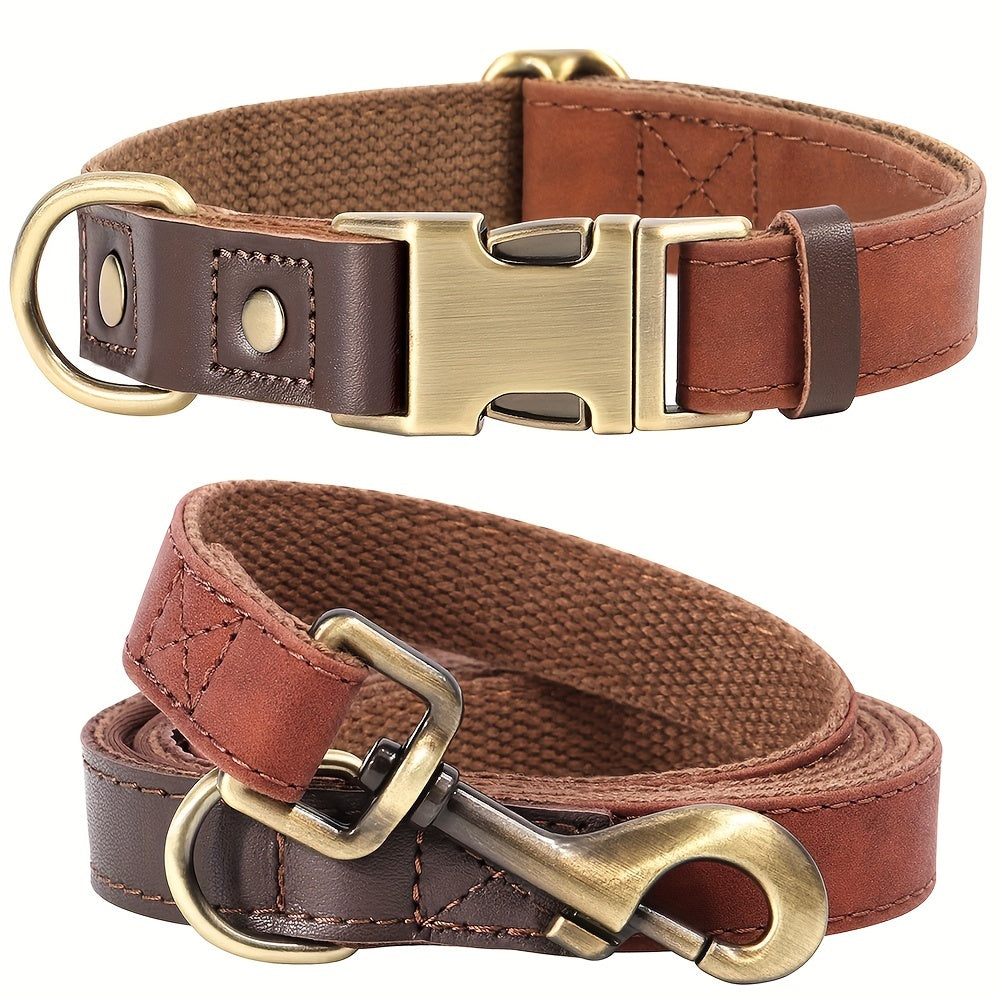 [Retro Pet Collar] Retro Color Matching PU Synthetic Leather Pet Collar and Leash Set - Durable Nylon Webbing Lined Dog Collar - Suitable for Large, Medium and Small Dogs