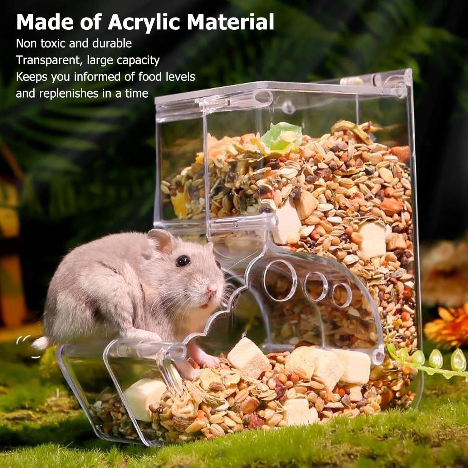Pet Feeding Dispenser for Dwarf Hamsters, Gerbils, Hedgehogs, Guinea Pigs, Birds and Other Small Pets - Acrylic Transparent Pet Food Storage Bowl