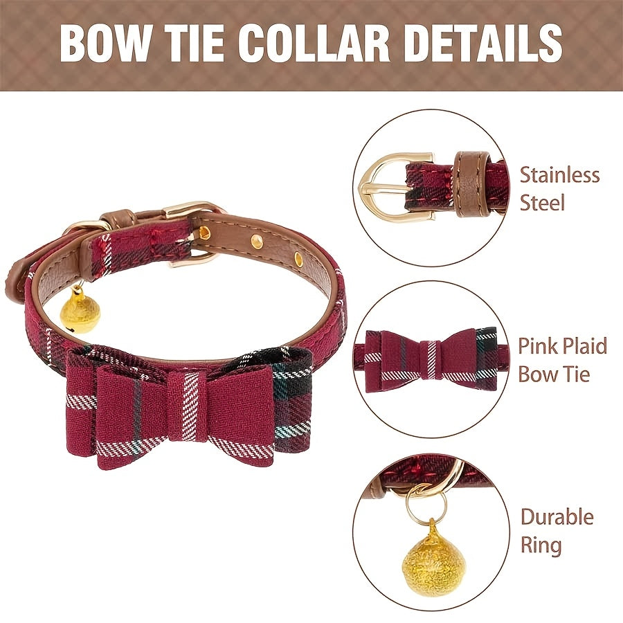 [Red Plaid Pet Harness] 3pcs Red Plaid Pet Harness Set - Adjustable Leather Leash, Machine Washable Polyester Fiber - Ideal for Small Dogs Outdoor Walking