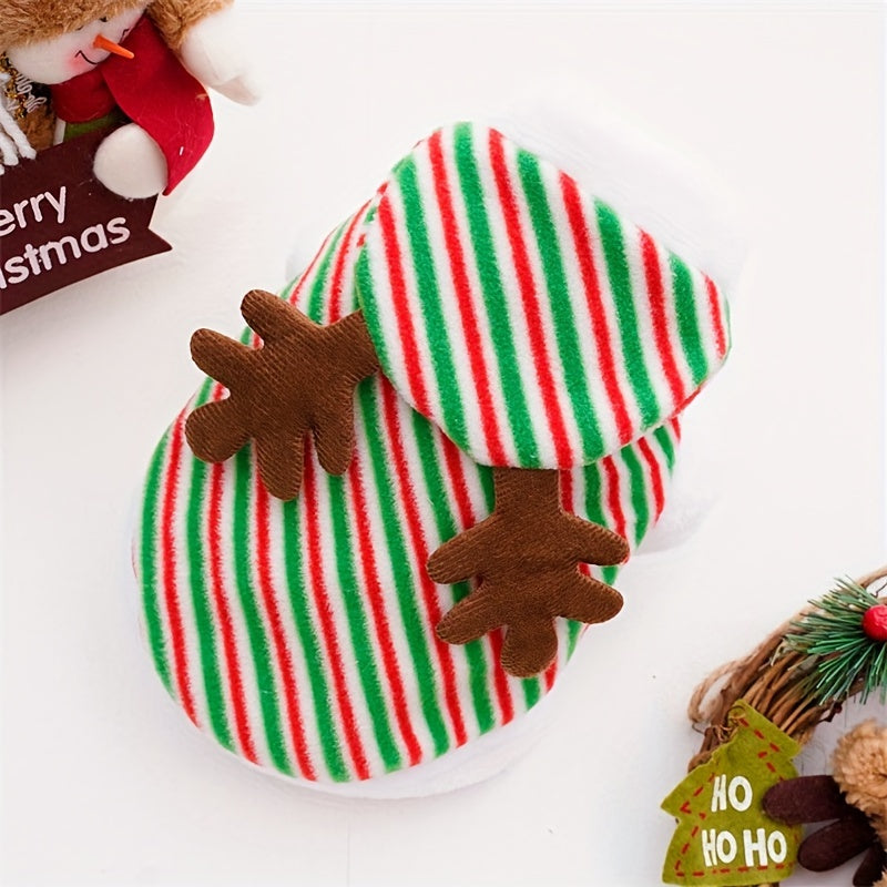 Set Of 2 Christmas Dog Hoodies, Winter Small Dog Outfits With Reindeer Antlers, Cute Polyester Pullover Pet Apparel – Hand Wash Only, Woven