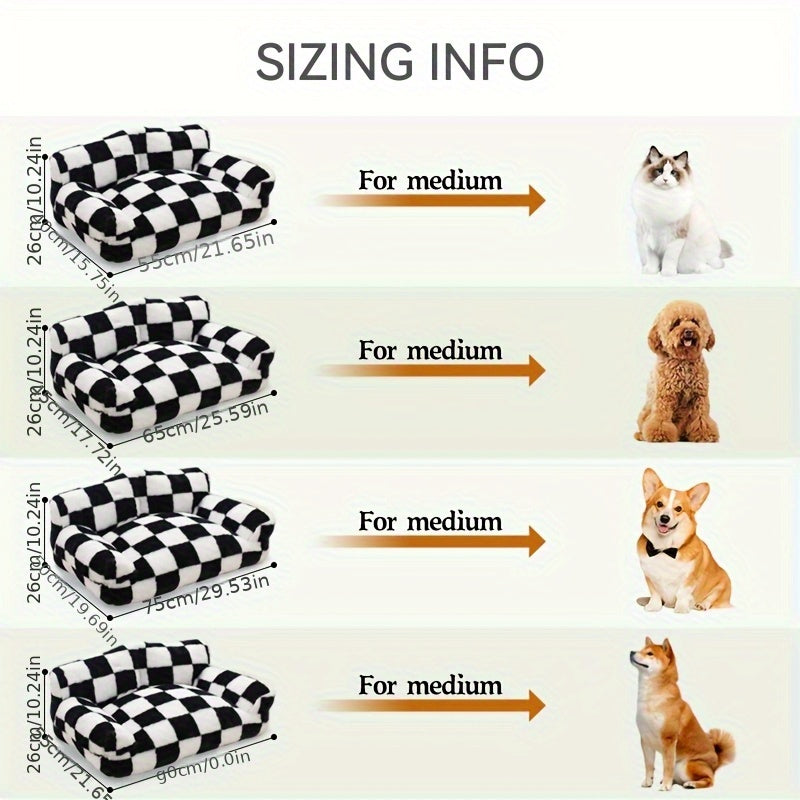 All-Season Pet Sofa Bed - Plush Polyester Cushioning, Black & White Checkerboard Pattern - Soft Warm Bed for Cats, Small Dogs, Indoor Use - Easy-Clean Pet Furniture for Living Room, Bedroom Decor, Cozy Design, Softcushioned S