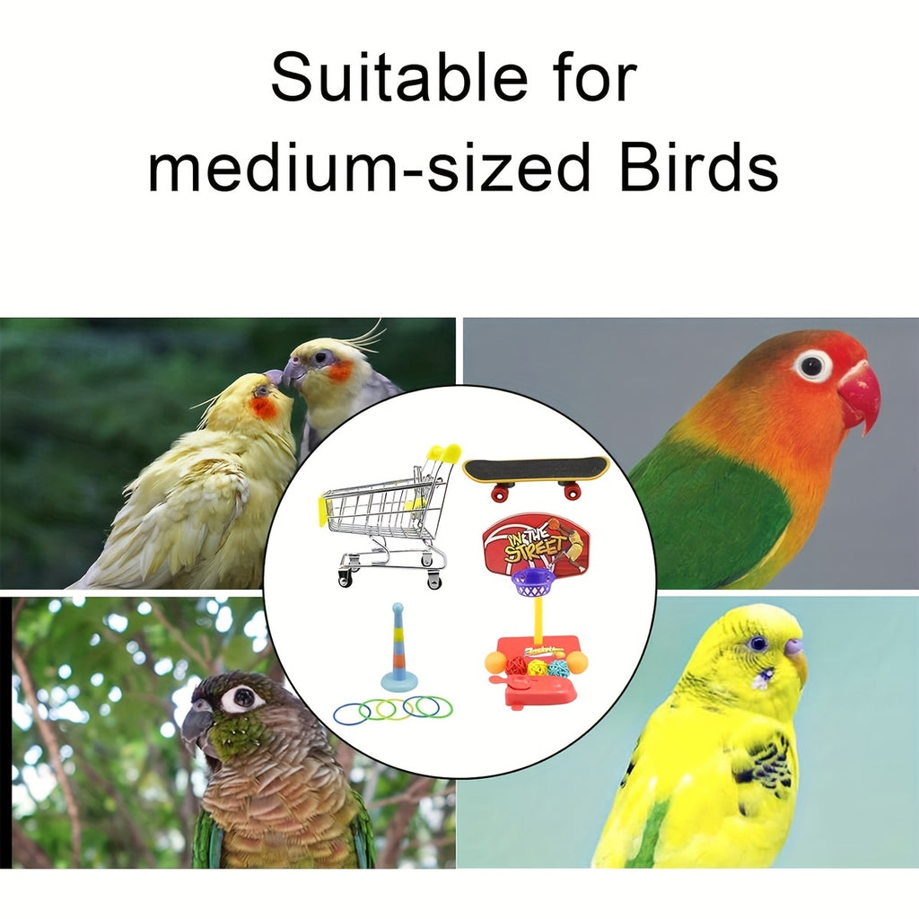 Craftsboys 5pcs Parrot Training Toy Set - Engaging Mini Shopping Cart, Basketball Hoop, Stacking Rings & More - Durable Plastic Bird Enrichment Kit for Cognitive Skills & Physical Exercise, Bird Toys
