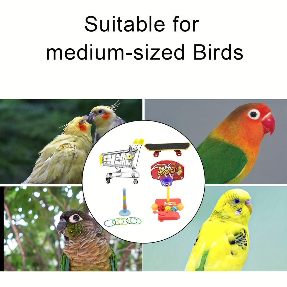 Craftsboys 5pcs Parrot Training Toy Set - Engaging Mini Shopping Cart, Basketball Hoop, Stacking Rings & More - Durable Plastic Bird Enrichment Kit for Cognitive Skills & Physical Exercise, Bird Toys