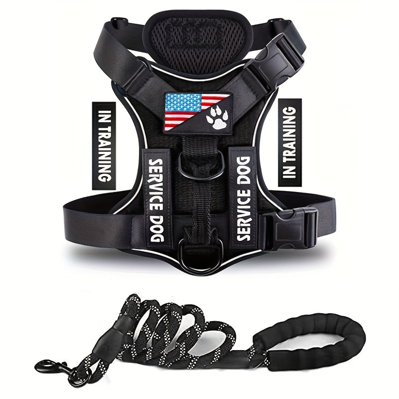 Service Dog Harness, Reflective Dog Vest Harness With 5 PCS Patches, Adjustable Soft Oxford Pet Harness, Inner Layer Mesh, Easy To Control For Small Medium Large Dogs With 59inch Traction Rope