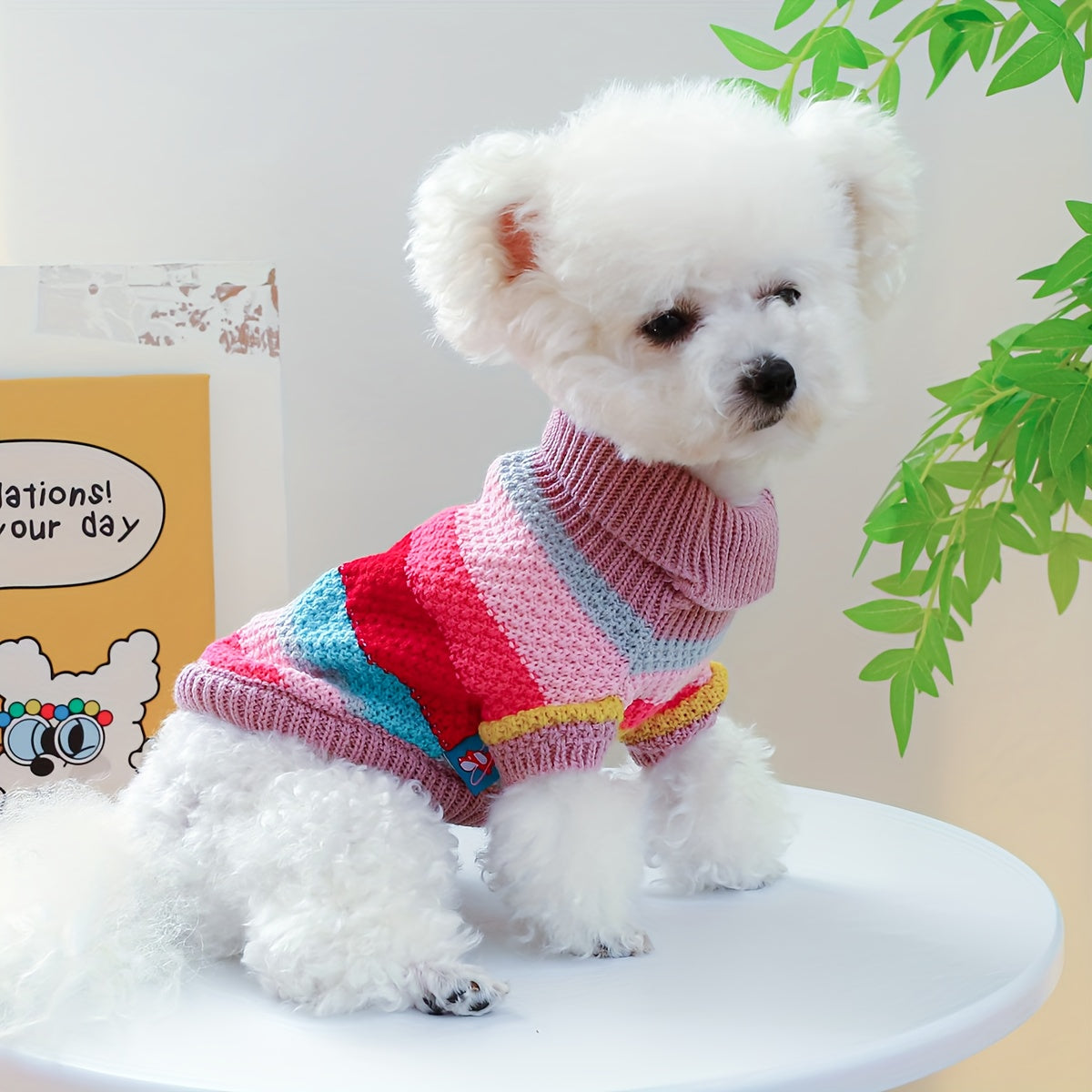 [Warm Striped Pullover for Pomeranians] Small Breed Cozy Knit Dog Sweater - Colorful Striped Pullover for Pomeranians, Teddy & Poodles - Warm Autumn/Winter Pet Apparel