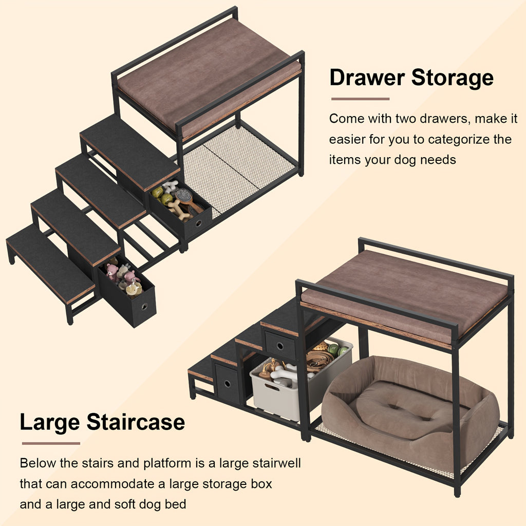 SAUDISM Multi-Level Pet Bunk Bed with Removable Step for Dogs & Cats - Durable Wooden Frame, Cushioned Perch & Window Seat, Indoor Use, Easy Assembly, Black, Perfect for Small to Medium Dogs, Cozy Home Decor, Pet Furniture, M