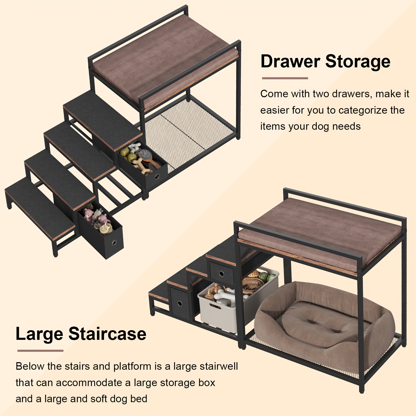 SAUDISM Multi-Level Pet Bunk Bed with Removable Step for Dogs & Cats - Durable Wooden Frame, Cushioned Perch & Window Seat, Indoor Use, Easy Assembly, Black, Perfect for Small to Medium Dogs, Cozy Home Decor, Pet Furniture, M