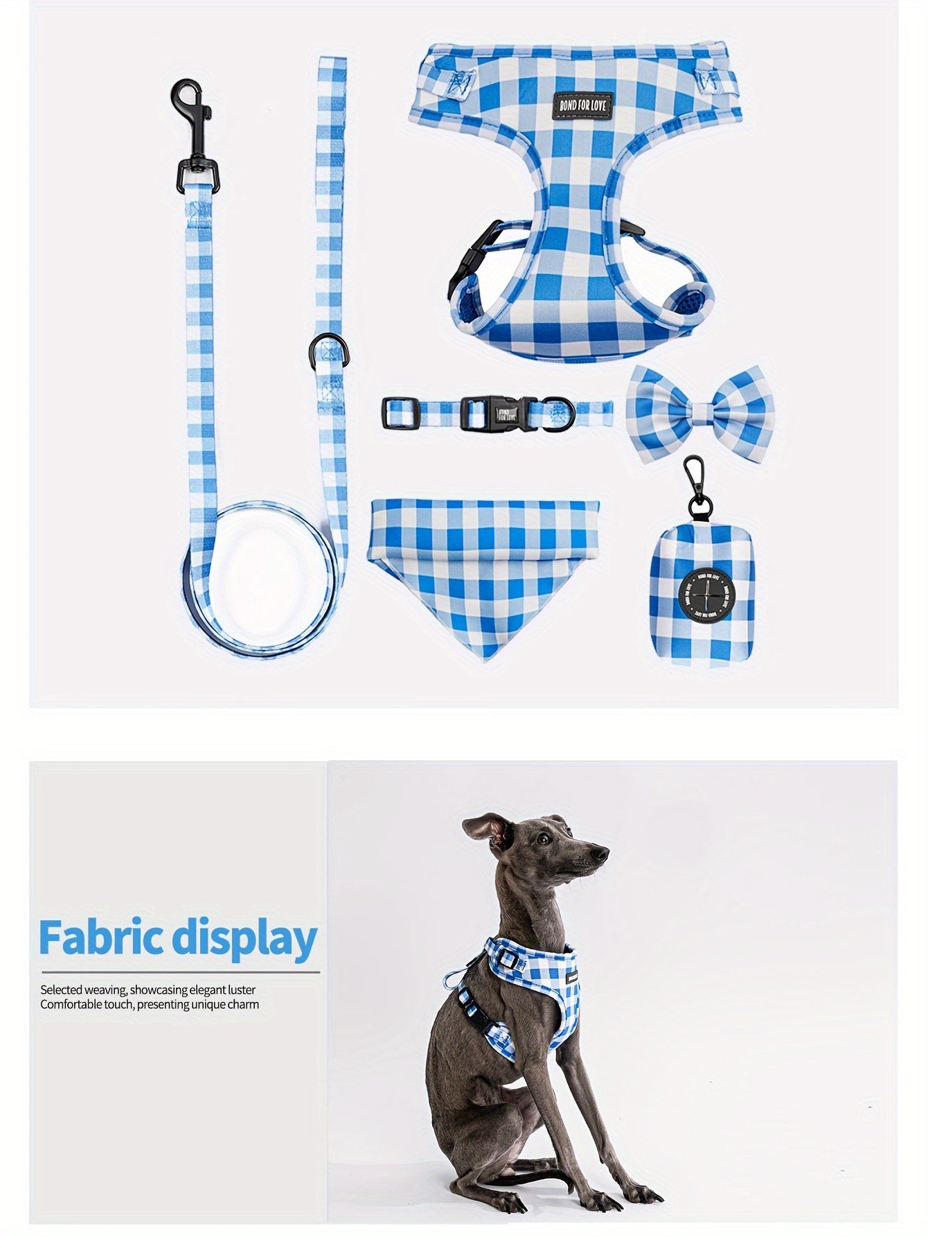 6pcs Plaid Dog Walking Set, Adjustable Pet Harness, 4 Ft Leash, Bowtie, Flag, Waste Bag Dispenser, Polyester Fiber, for Small to Large Dogs, Without Battery
