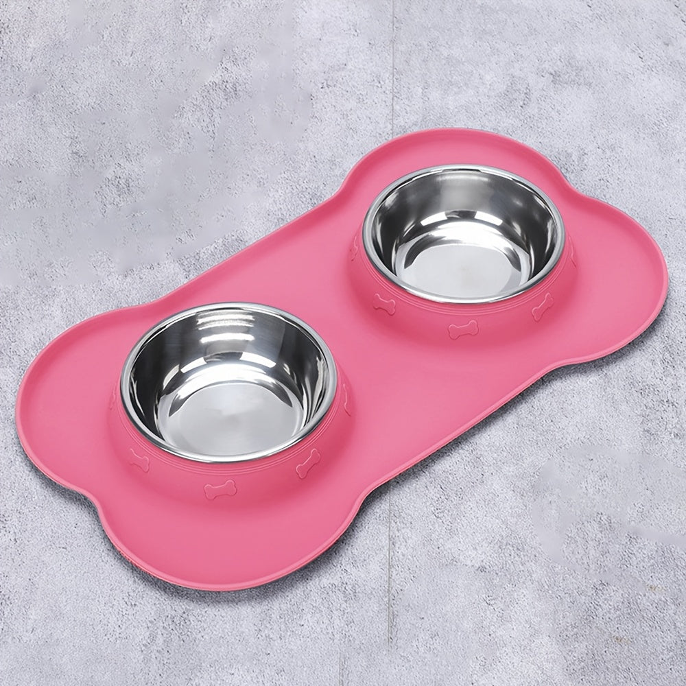 [2-in-1 Feeding Watering Station] 2-in-1 Dog Feeding & Watering Station, Thermoplastic Rubber Pet Bowl Mat with Stainless Steel Dual Bowls, Anti-Spill Pet Feeder, Includes Bowl Holder, Ideal for All Dog Breeds