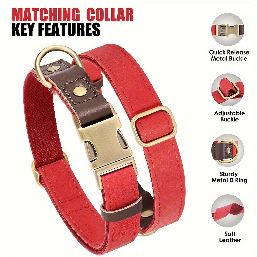 [Retro Pet Collar] Retro Color Matching PU Synthetic Leather Pet Collar and Leash Set - Durable Nylon Webbing Lined Dog Collar - Suitable for Large, Medium and Small Dogs