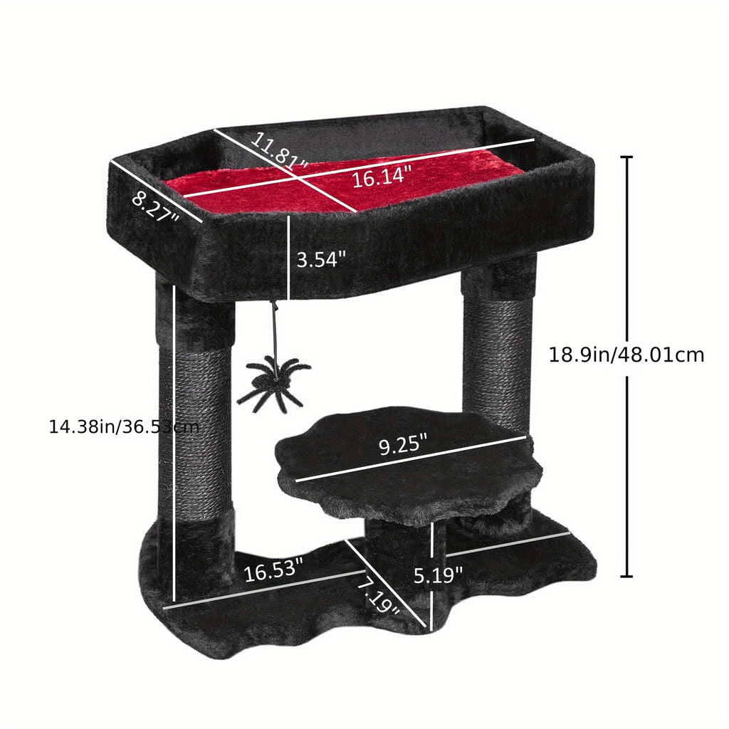 BEWISHOME Gothic Cat Tower With Coffin Bed, Multi-Level Goth Cat Tree Cat Condo With Cat Scratching Post, Spider Hanging Ball Black Red Halloween Kitten Pet Furniture