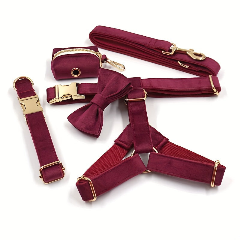 [Velvet Pet Collar Leash Set] 6pcs/set Soft Velvet Pet Walking Dog Collar, Leash Traction Rope, Bow, Chest Strap Harness, Poop Bag Holder, Flower Bow, Escape Proof Dog Walking Accessories