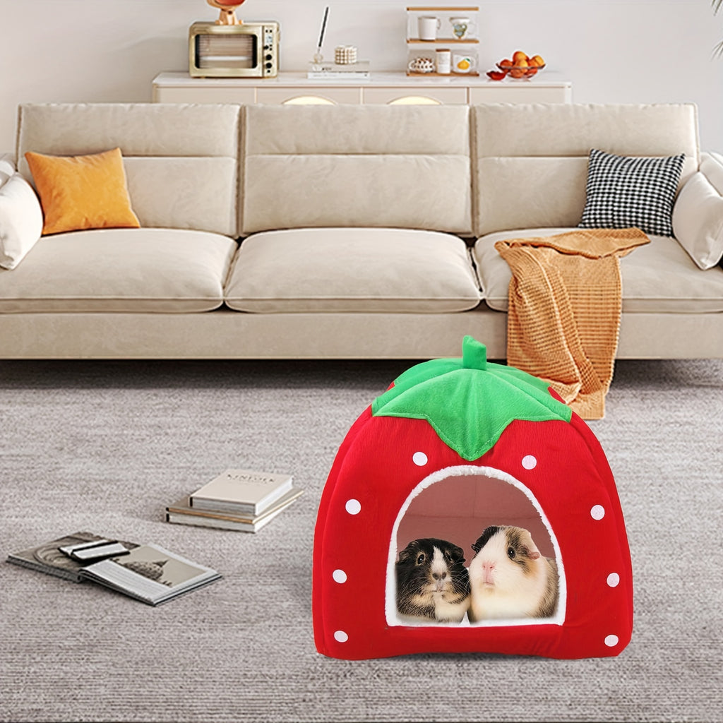 Strawberry-Shaped Small Pet Bed with Removable Cushion - Cotton Cozy Hideaway for Rabbits, Guinea Pigs, Hamsters, and Hedgehogs, Warm Fleece Cuddle Cup Pet Tent