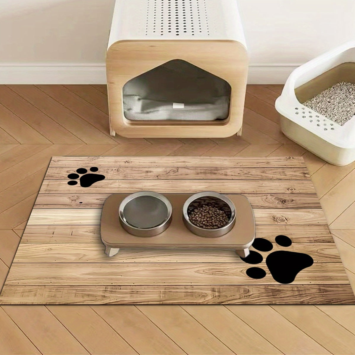 1pc Wooden Board Cat Footprint Pet Feeding Mat, Polyester Material Pet Feeding Floor Mat, Non-slip Quick-drying Absorbent Floor Mat, Cat Dog Food and Water Bowl Mat, Dog Water Dispenser Mat, Cat Dog Accessories Pet Supplies,