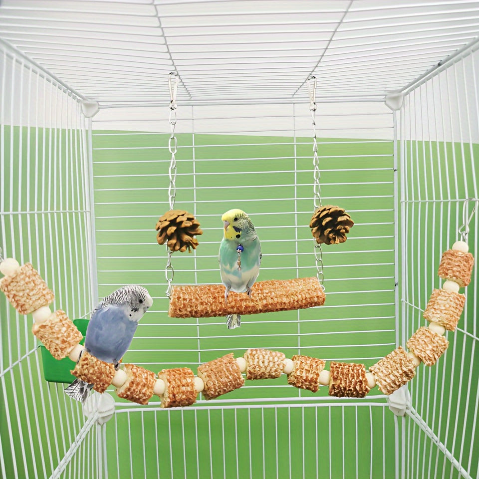 [2pcs Natural Bird Cage Supplies] 2pcs Natural Parrot Bird Cage Supplies, Bird Swing Toy, Natural Corn Cone, Bird Chewing Toy, Climbing Hanging Bridge Toy, Provide Exercise And Entertainment For Birds