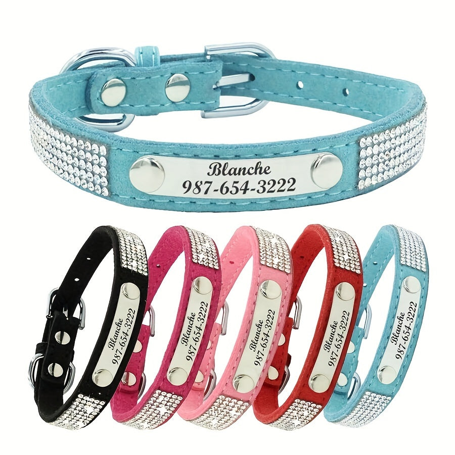 Personalized Rhinestone Dog Collar with Engraved ID Tag