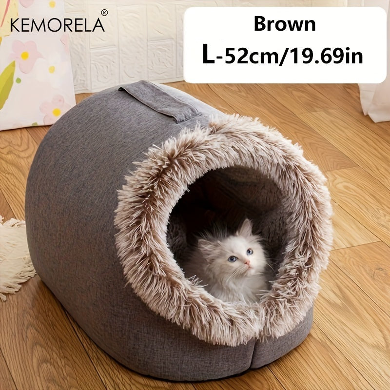 [Cozy Cat Bed] Portable Cat Bed with Handle | Thickened Warm Polyester Pet Bed, Cozy Circular Design with Plush Furry Interior for Indoor Cats, Durable & Easy-Clean Cat Bed for Travel, Home, or Gifting, Cute Cat Bed by KEMORE