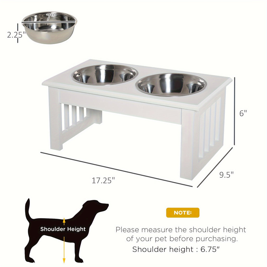 PawHut 6" Height Small Puppy Dog Feeding Station For Messy Pets, Stainless Steel Elevated Dog Bowls With Modern Wooden Frame, Dog Food Stand Pet Feeding Station, White