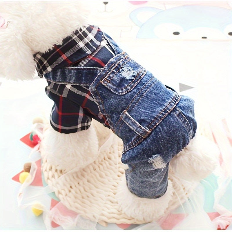 [Stylish Plaid Dog Jumpsuit] Cozy Plaid Denim Dog Jumpsuit - Stylish, Chic Button-Up Design for Small Breeds - Woven Fabric Pet Apparel