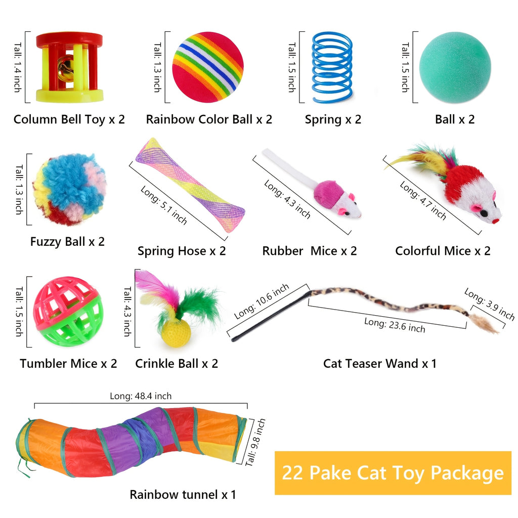 22pcs Cat Toys Kitten Toy Set Folding Camouflage Cat Tunnel Indoor Interactive Pet Toys Teaser Cat Feather Toy Colourful Mouse Plush Ball Bell Ball Toy Kit Kitten Puppy(Colorful)