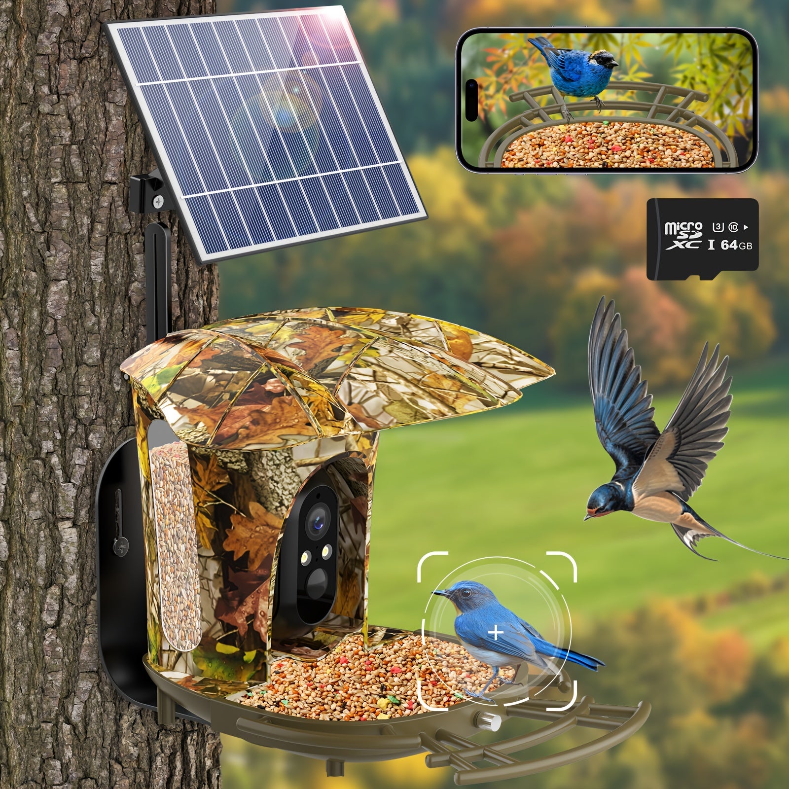 [Intelligent Bird Feeder Camera] 1080P Intelligent Bird Feeder Camera - Automatic Bird Camera Capture with 6W Solar Panel and 64G Memory Card - Suitable for Bird Enthusiasts and Wild Bird Viewing