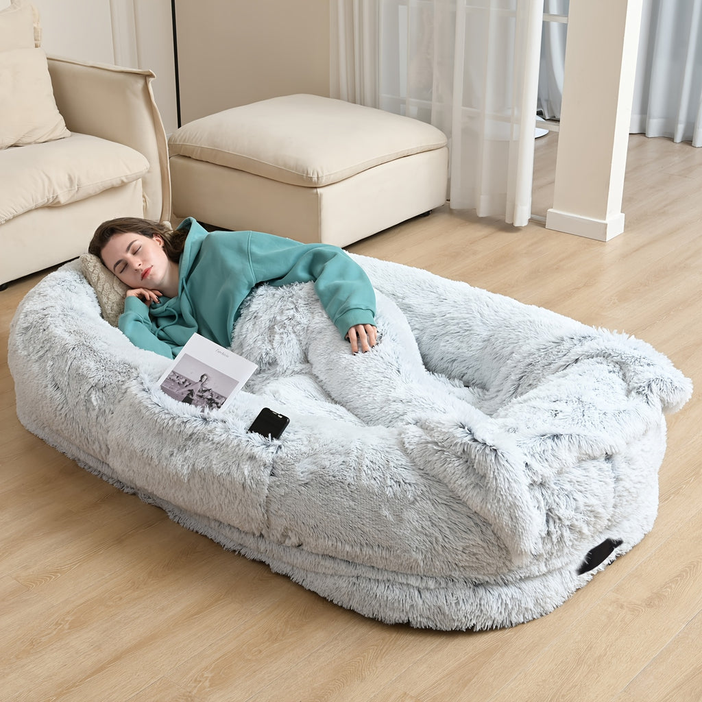 Extra Large Orthopedic Human & Dog Bed with Plush Pillow & Blanket - 71"x45"x12" Washable Faux Fur Pet Couch, Non-Slip Base, Removable Cover - Grey Bed for All Dog Breeds (Small/Medium/Large Dogs) & Cozy Napping Companion for
