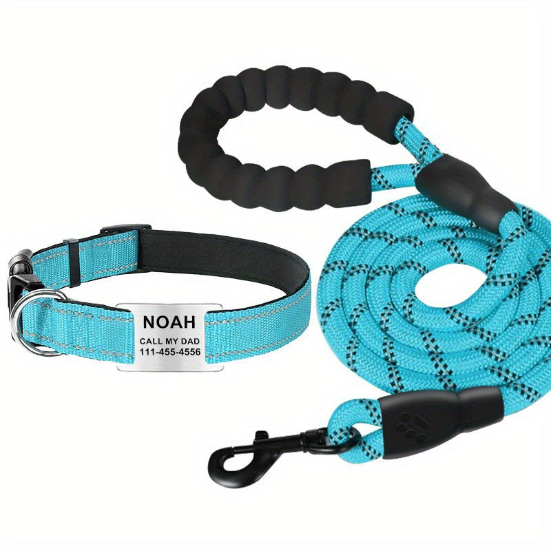 [Durable Adjustable Dog Leash] Custom Engraved Reflective Dog Collar with Name Tag, Personalized Polyamide Pet Collar, Durable Adjustable Collar with Leash for Dogs